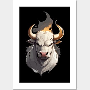 White Farm Bull Head with Horns and Fire Posters and Art